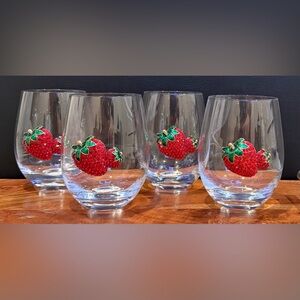 Set Of 4 Rachel Zoe Strawberry Jeweled Rhinestone 19 Oz Stemless Wine Glass NEW